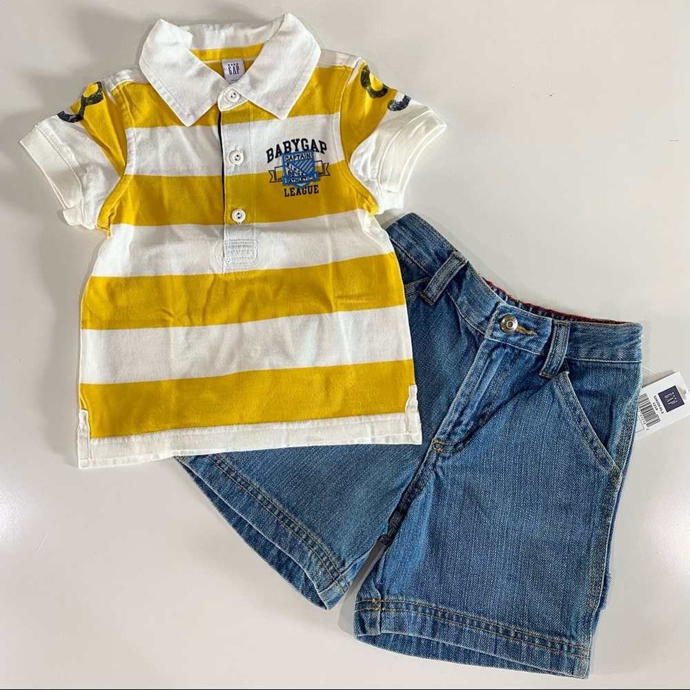 NWT Gap Boys 12- 18 Months Set Denim Jean Shorts Striped Polo Shirt Top New